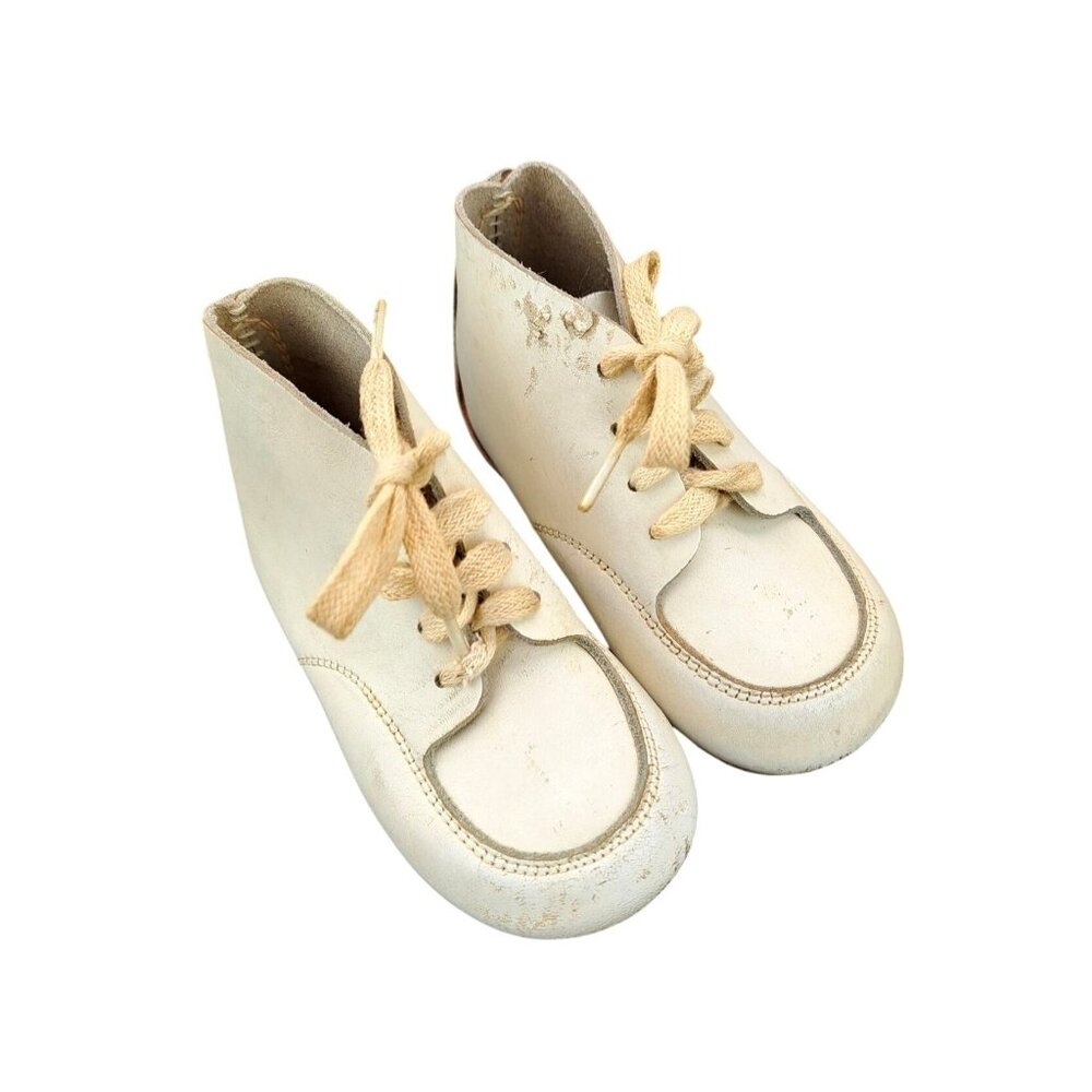 Vintage Baby Leather Lace Up Ankle Boots Shoes Cream Size 3.5 Hand Lasted Mocs